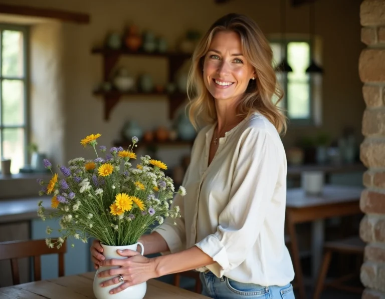 Femme arrangeant des fleurs sauvages dans un gîte de campagne avec décoration rustique en pierre