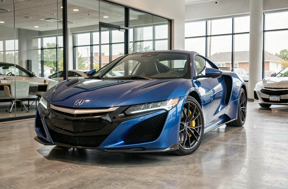 Acura NSX deuxième génération bleu nacré dans une salle d'exposition moderne avec sol en béton poli, soulignant le design angulaire hybride et les phares LED