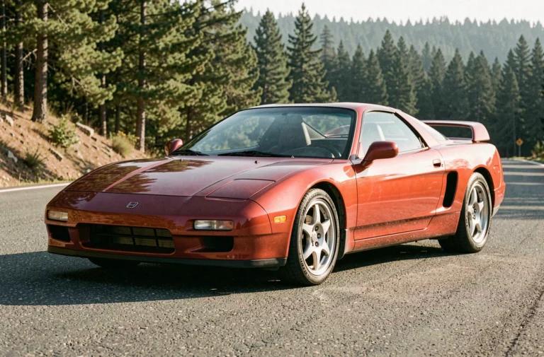Acura NSX première génération rouge garée sur une route de montagne, vue trois quarts avant mettant en valeur le design pop-up headlight et la carrosserie en aluminium