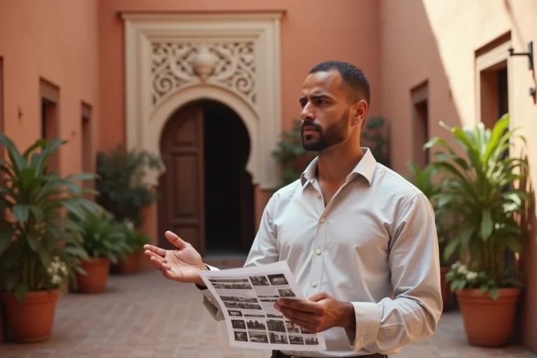 Agent immobilier marocain devant un riad à Marrakech tenant une fiche de location