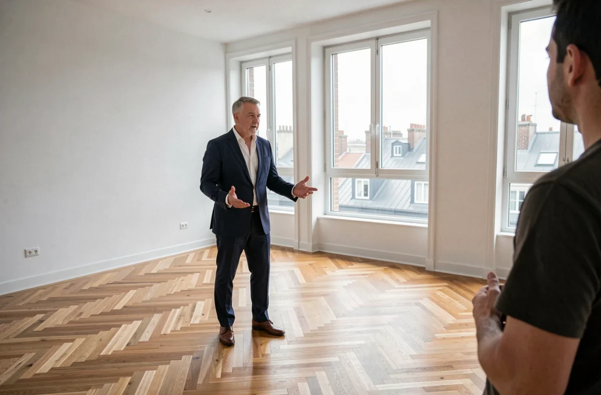Agent immobilier présentant un appartement vide et lumineux à louer dans le cadre d'une visite locative