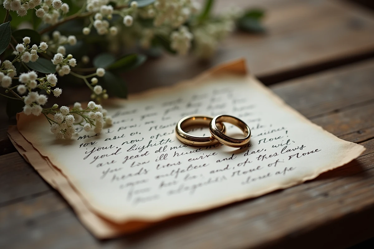 Alliances posées sur une lettre manuscrite en bois