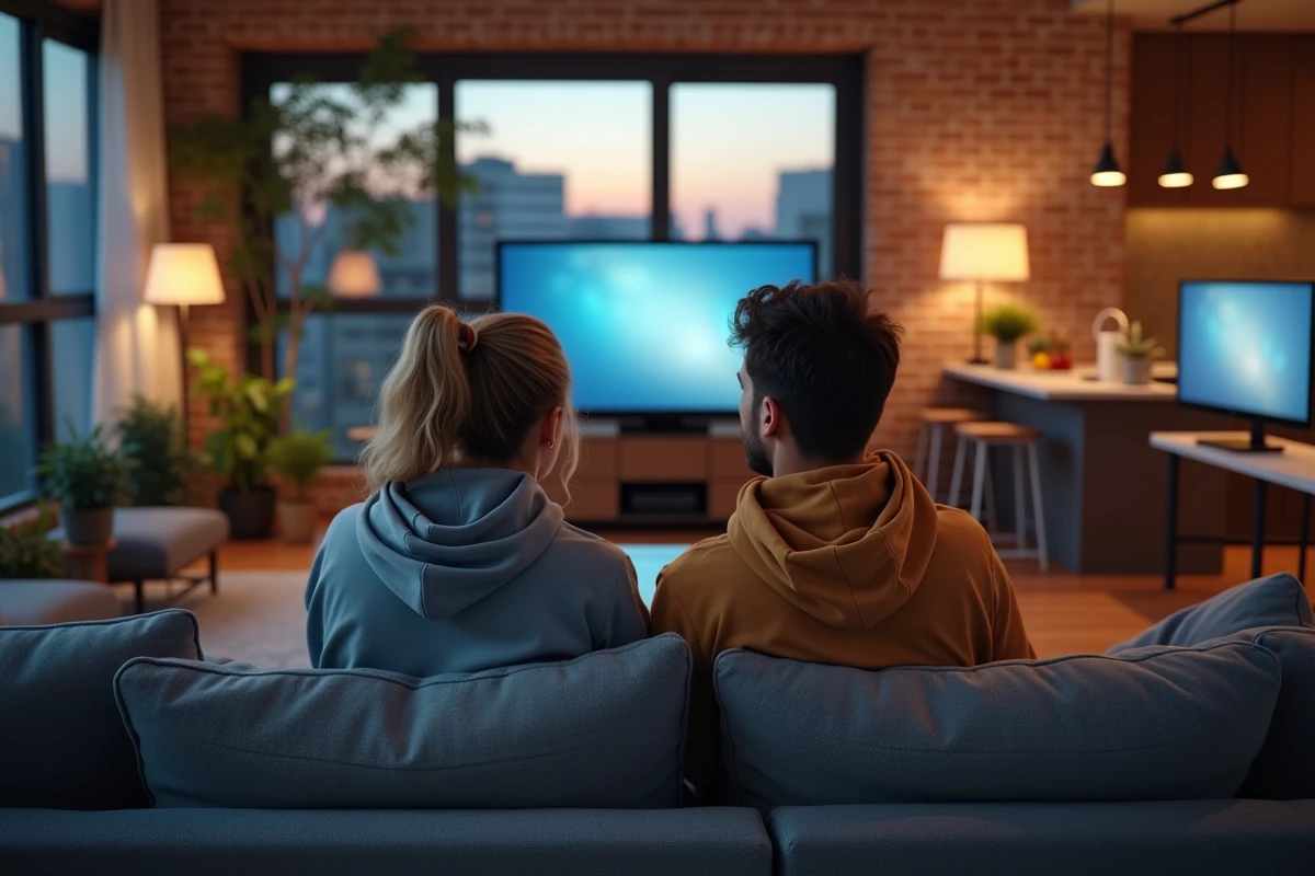 Deux amis choisissant un film à regarder en streaming ensemble dans un appartement moderne