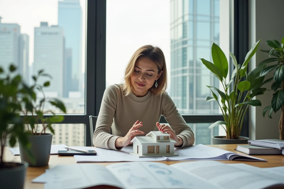 Architecte femme regardant un modele 3D de maison dans un bureau moderne