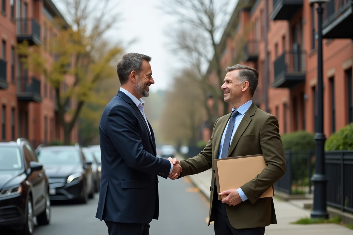 Deux associés immobiliers concluant un accord d'acquisition de bien dans une structure Holdco Propco devant un immeuble résidentiel