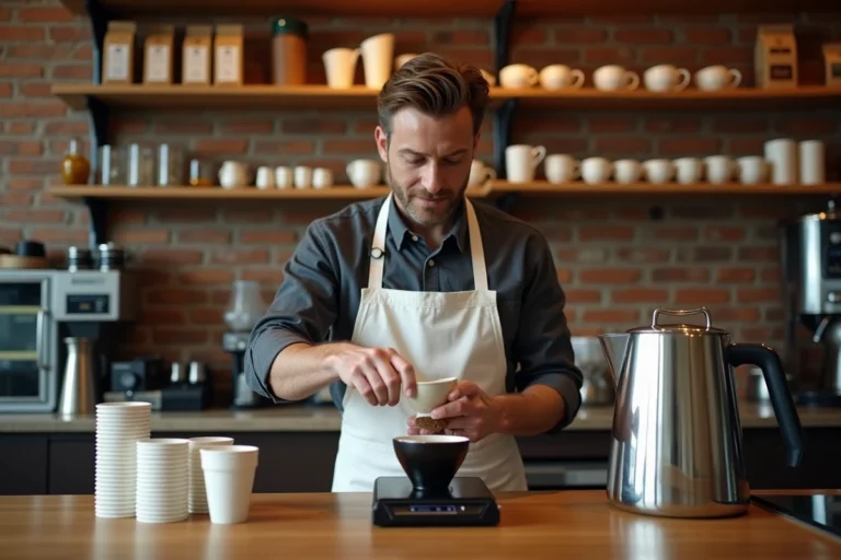 Barista professionnel mesurant du café moulu sur une balance numérique pour préparer de grandes quantités destinées à un groupe