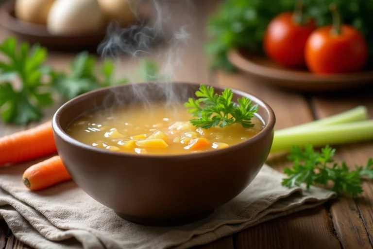Bol de bouillon clair doré sur une table en bois avec des légumes frais, idéal pour la préparation à une coloscopie