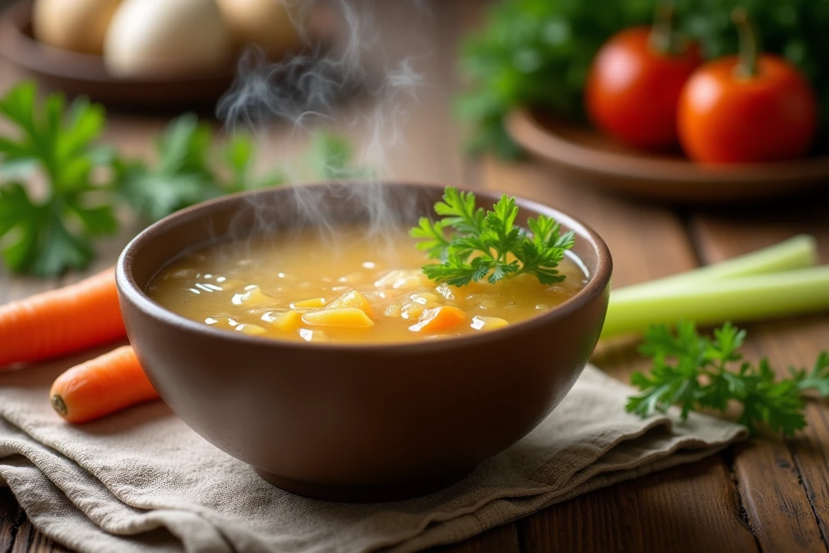Bol de bouillon clair doré sur une table en bois avec des légumes frais, idéal pour la préparation à une coloscopie