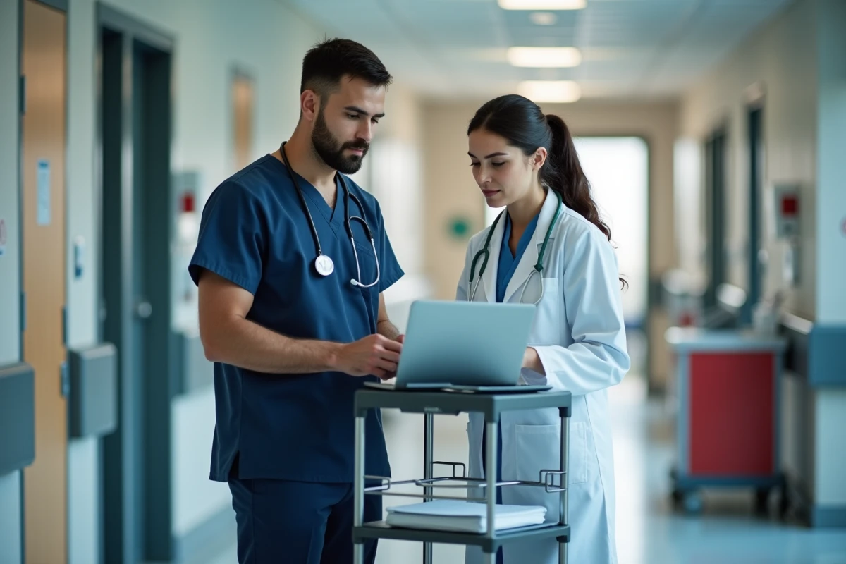 Infirmier et médecin spécialiste collaborant sur un planning numérique dans un couloir hospitalier