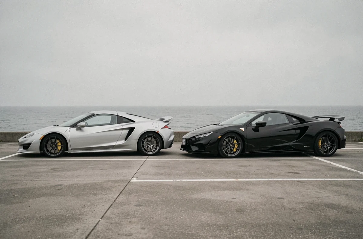 Comparaison côte à côte de la NSX première et deuxième génération argentée et noire sur un parking côtier, illustrant l'évolution du design sur plusieurs décennies