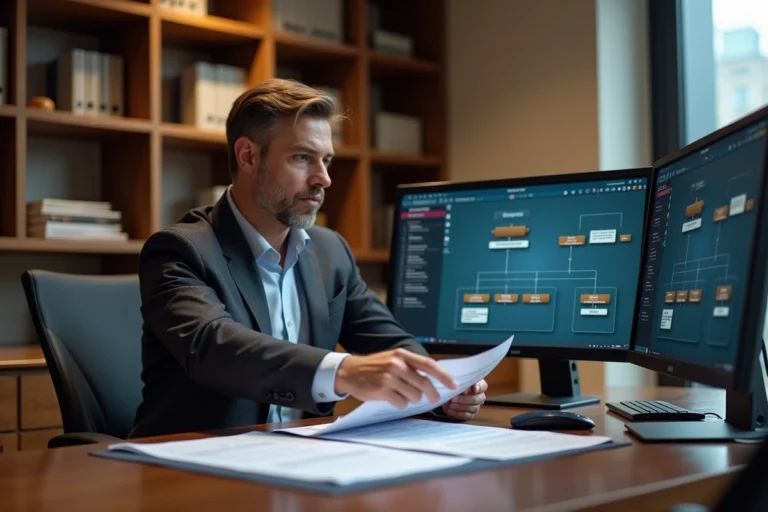 Conseiller financier analysant une structure Holdco et Propco sur des documents immobiliers dans un bureau professionnel