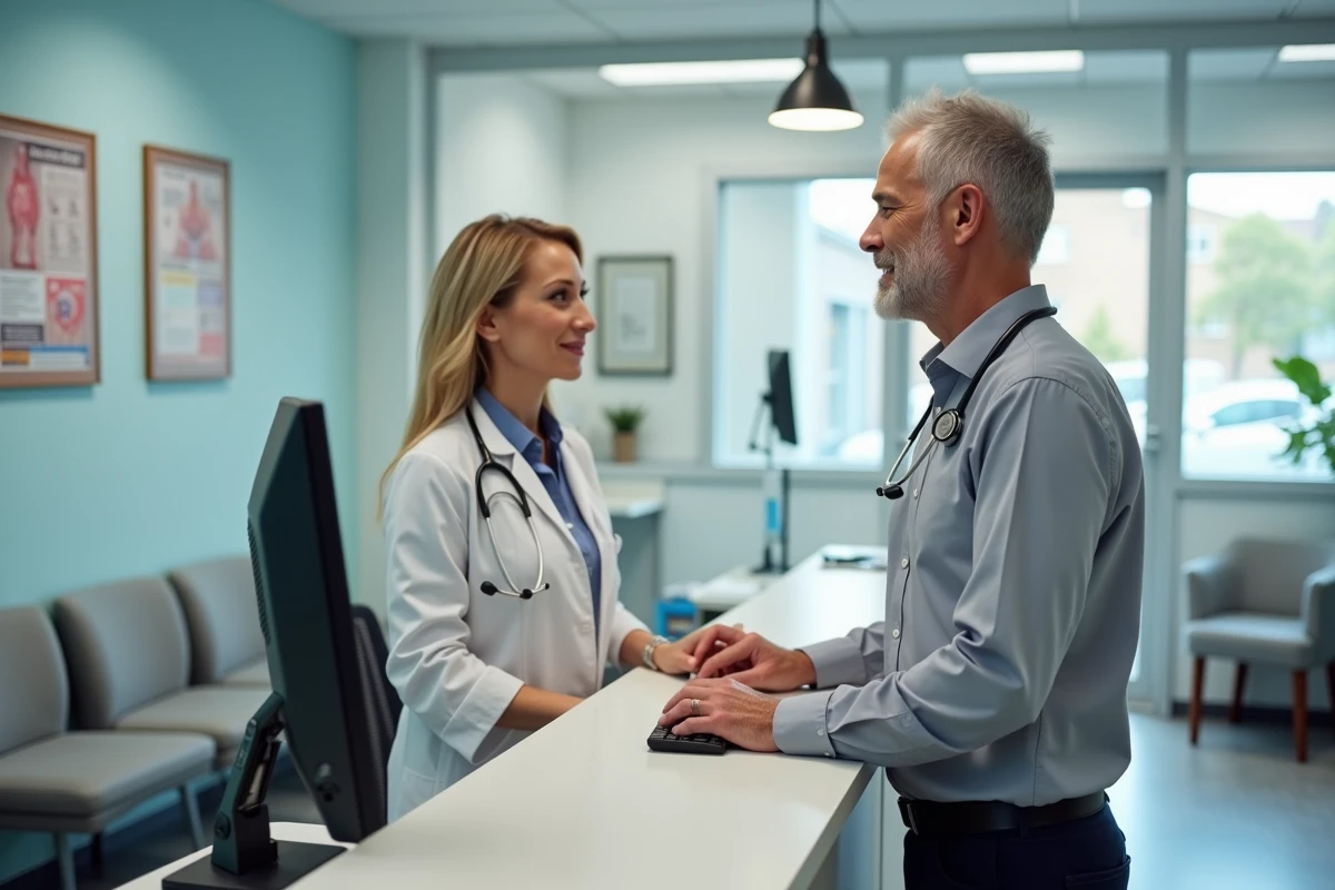 Médecin et assistante médicale coordinant des services administratifs à l'accueil d'un cabinet de santé