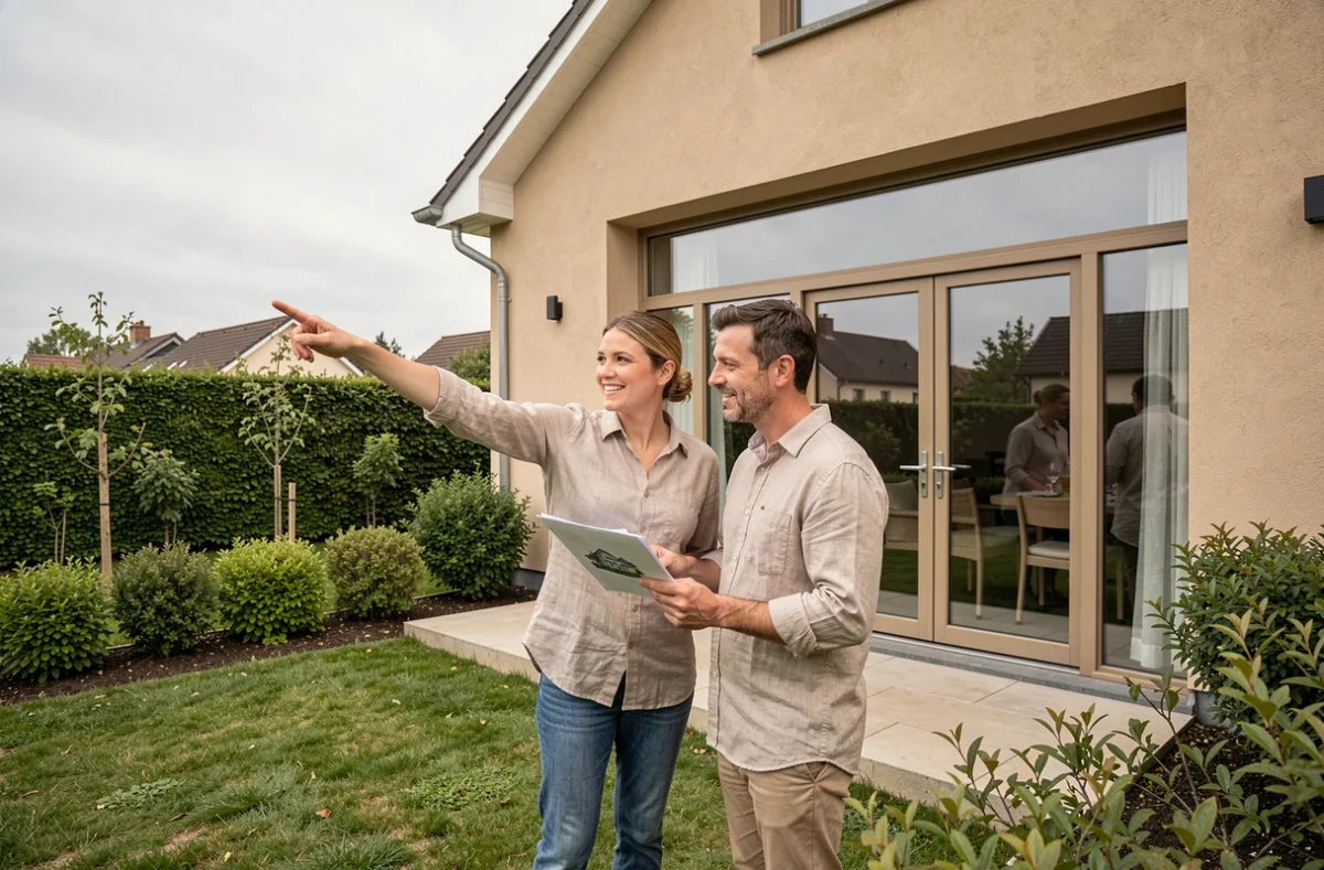 Couple visitant leur futur pavillon neuf avec jardin paysager dans une résidence moderne en 2024