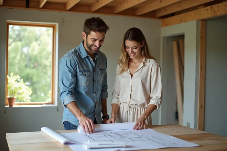 Couple souriant examinant des plans dans une maison en construction