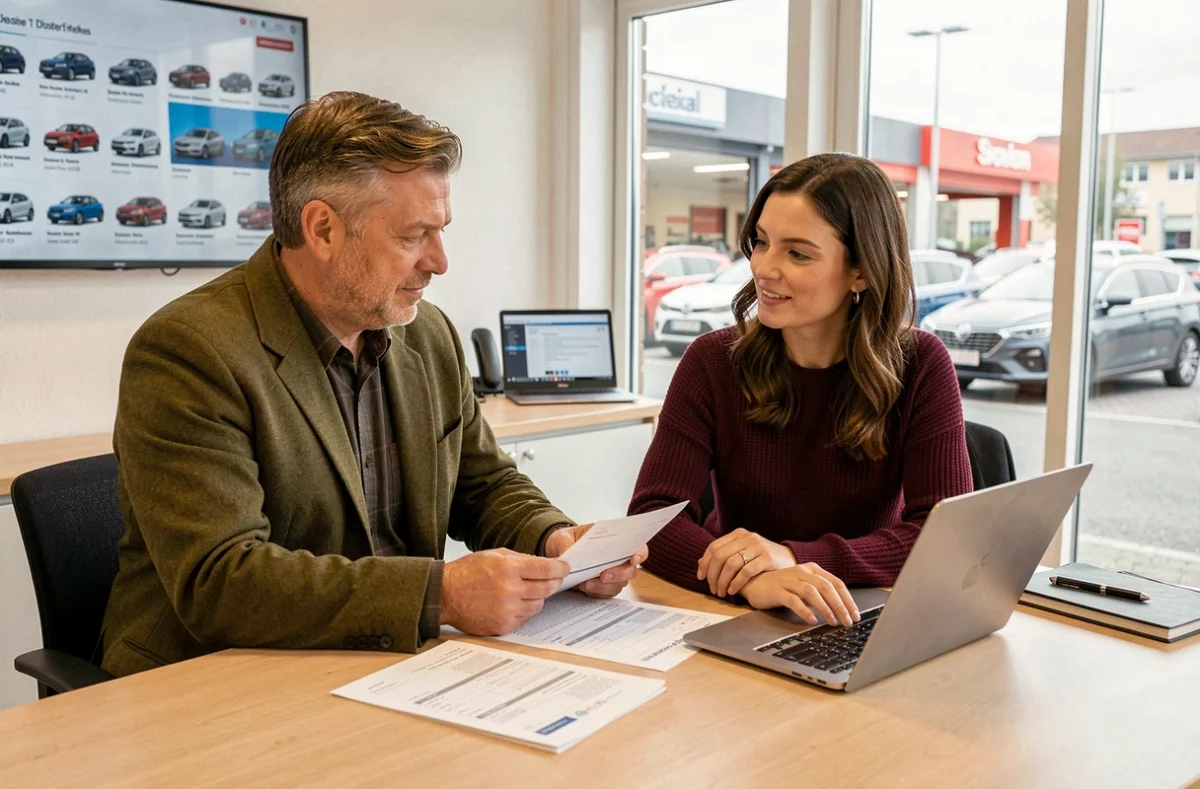 Couple discutant avec une conseillère automobile des documents d'un véhicule d'occasion dans un bureau de concessionnaire suisse
