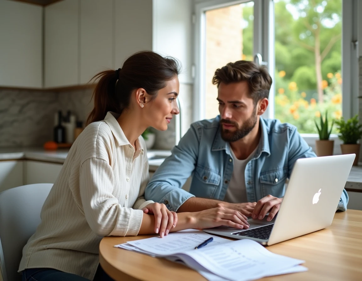 Couple effectuant une demande de permis d'urbanisme en ligne depuis leur cuisine