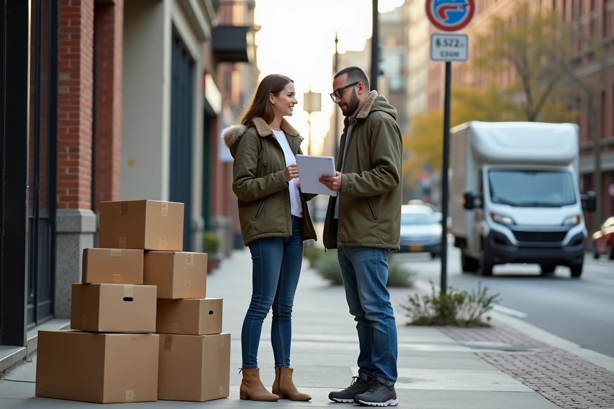 Jeune couple comparant devis de déménagement en extérieur
