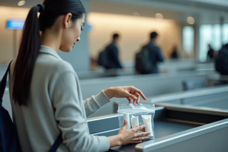 Femme déposant un sac transparent de liquides et dentifrice au contrôle de sécurité d'un aéroport