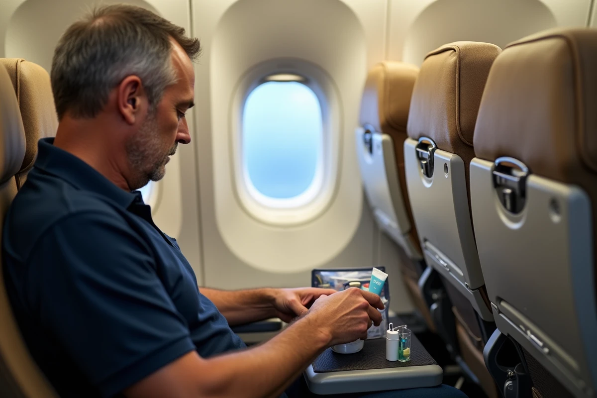 Homme rangeant un tube de dentifrice de voyage dans un sac transparent dans un avion
