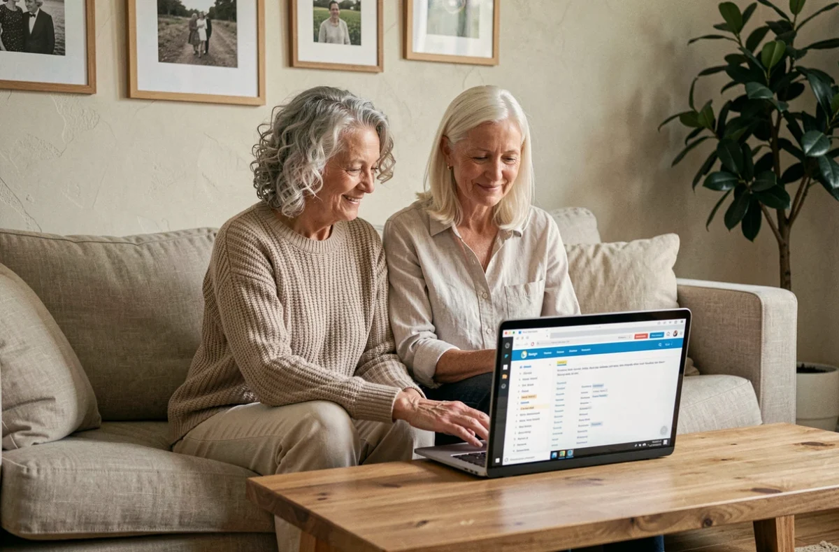 Deux femmes seniors découvrant ensemble le plan du site Le Cercle des Seniors sur un ordinateur portable dans un salon