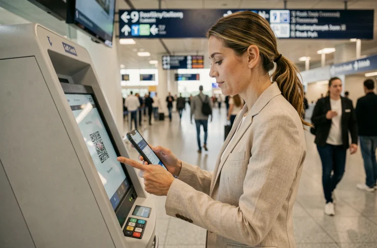 Femme enregistrant sa carte d'embarquement numérique sur son smartphone à une borne d'aéroport