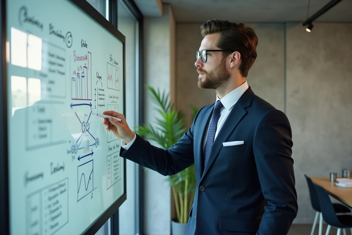 Entrepreneur masculin présentant des stratégies business sur un tableau blanc dans un espace de co-working moderne