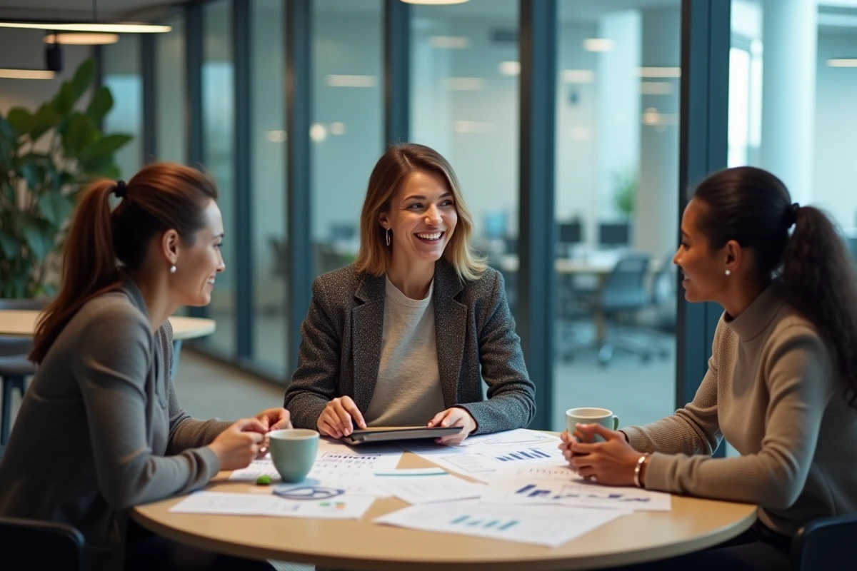 Équipe de professionnels discutant de stratégies d'optimisation du patrimoine et d'investissement en salle de réunion