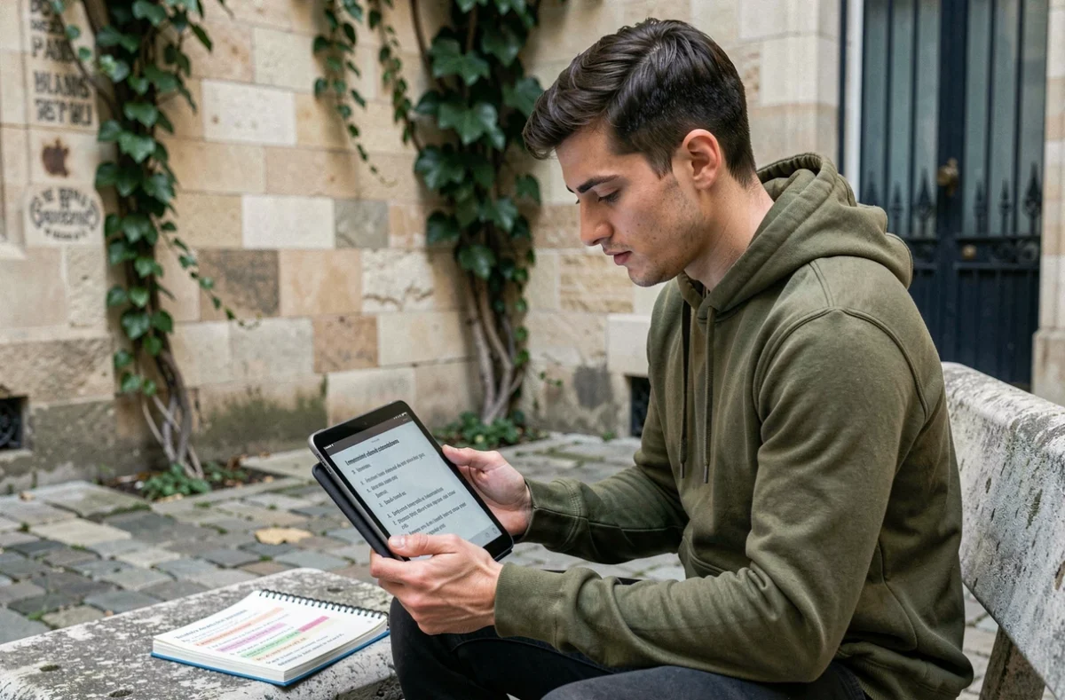 Jeune homme étudiant l'impératif français sur une tablette dans une cour pavée parisienne