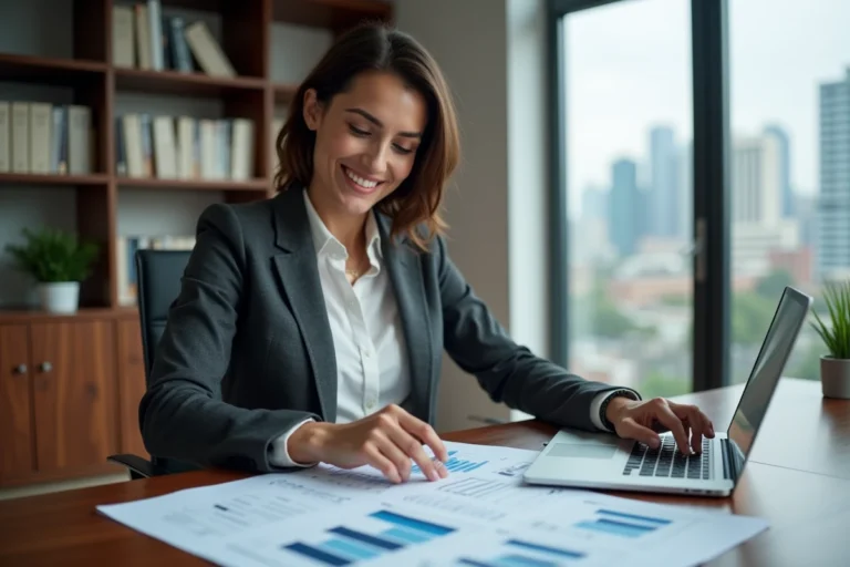 Femme d'affaires professionnelle analysant des documents financiers dans un bureau exécutif moderne pour optimiser son patrimoine