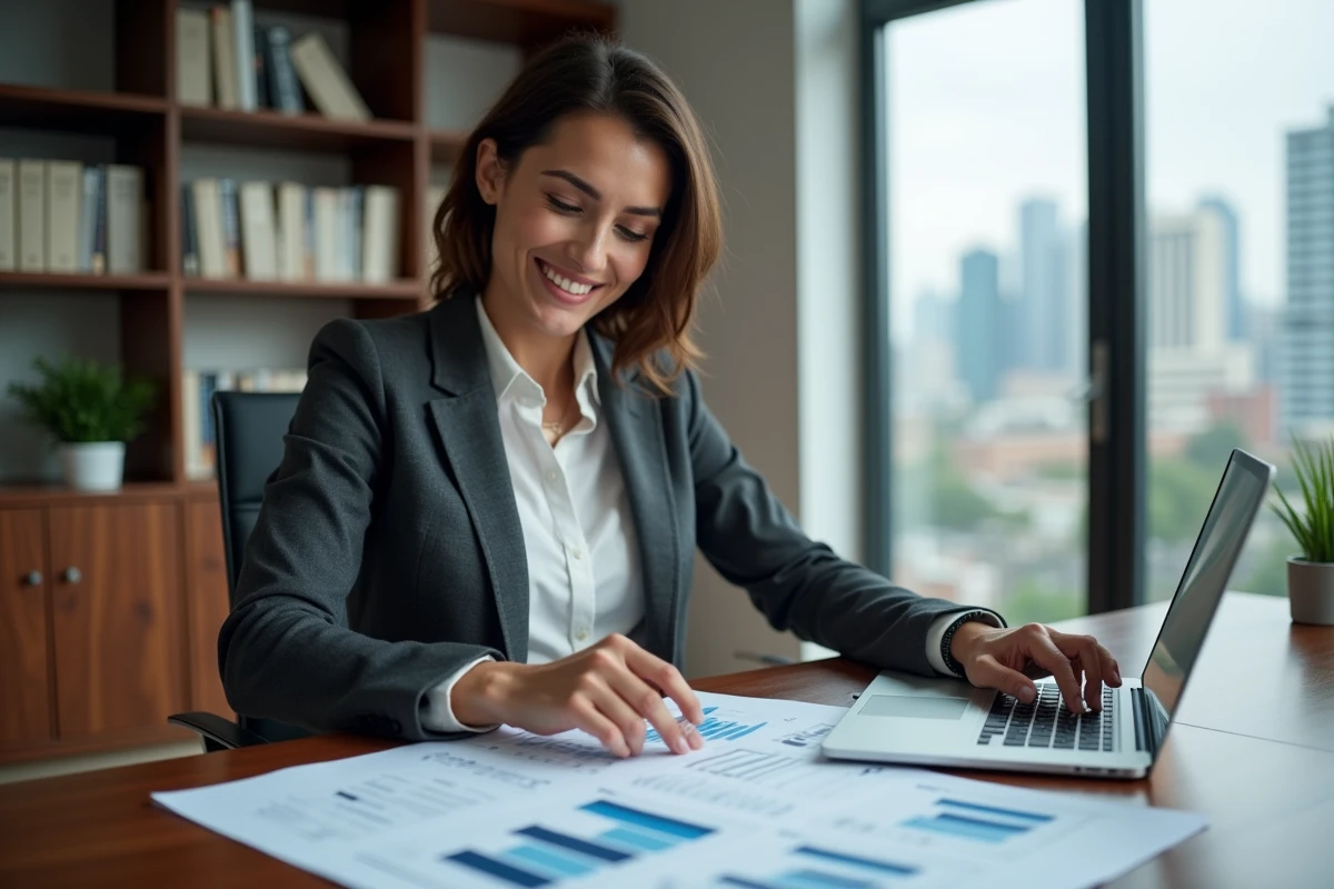 Femme d'affaires professionnelle analysant des documents financiers dans un bureau exécutif moderne pour optimiser son patrimoine