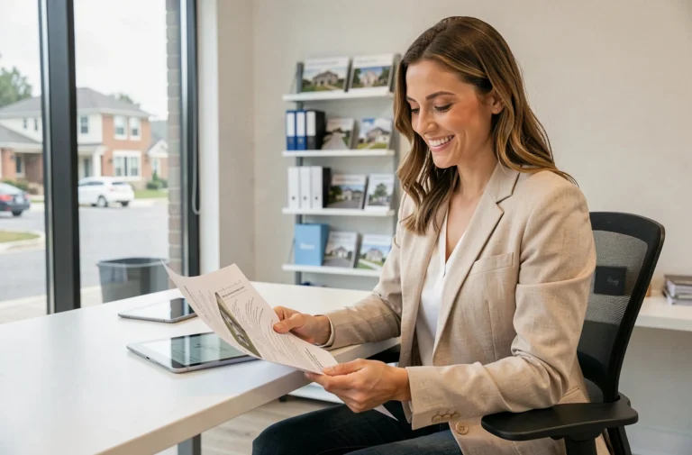 Femme consultant des annonces de location immobilière dans une agence moderne avec Ld L'Immobilier
