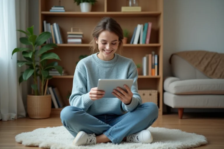 Femme en jeans et pull bleu assemble un meuble avec tablette