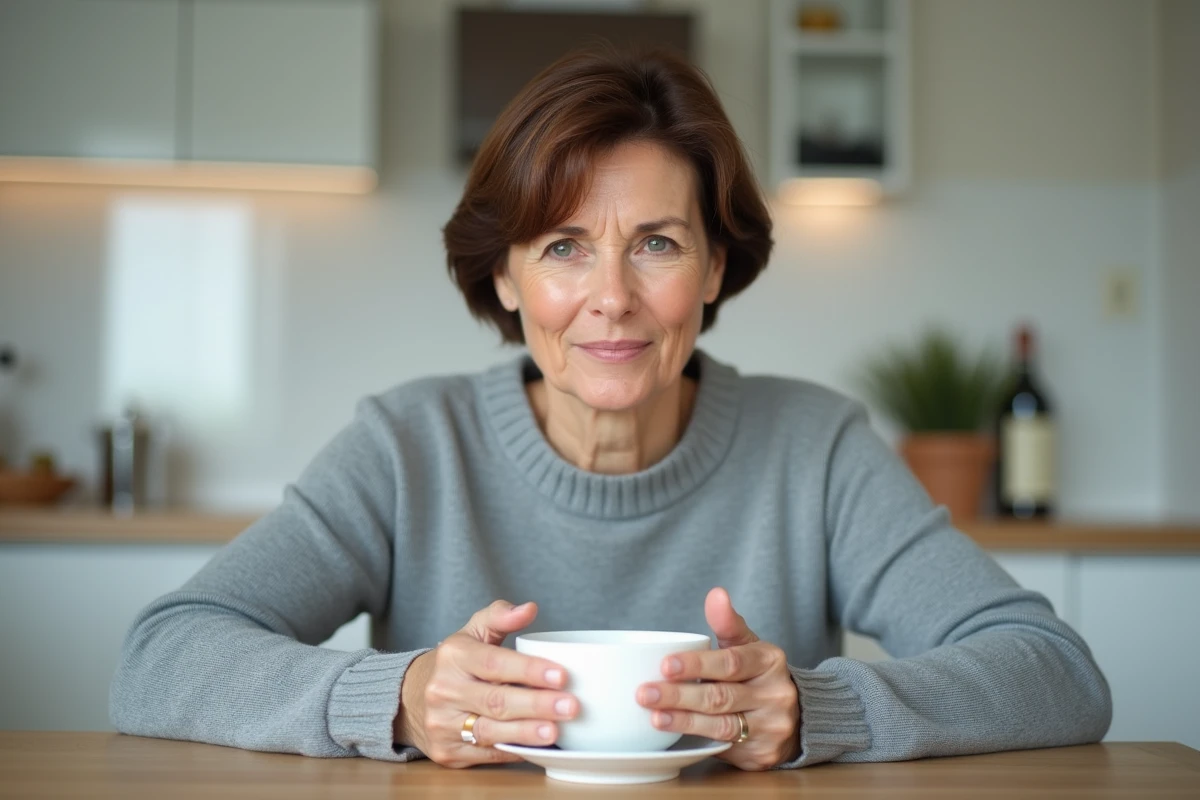 Femme buvant un bouillon chaud dans une cuisine moderne dans le cadre d'une préparation digestive avant coloscopie