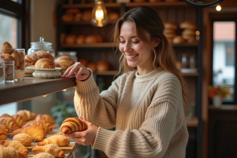 Femme souriante choisissant une viennoiserie dans une boulangerie chaleureuse