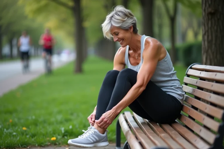 Femme sportive attachant ses chaussures dans un parc