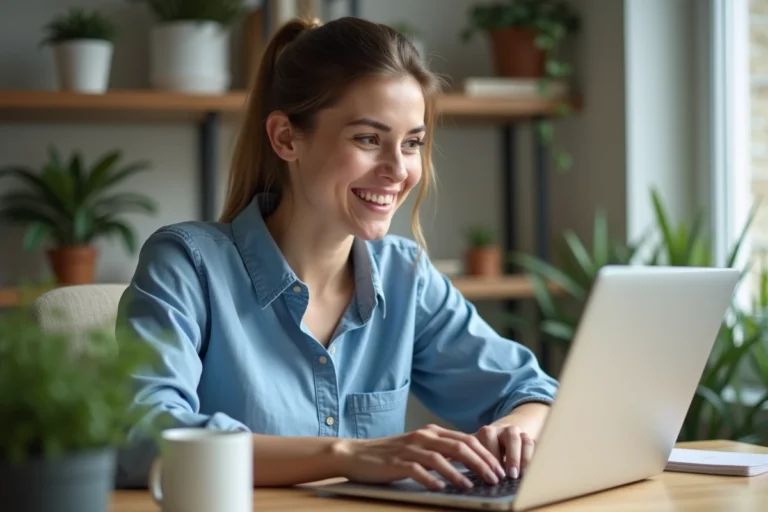 Femme créant un compte email sur un ordinateur portable dans un bureau moderne