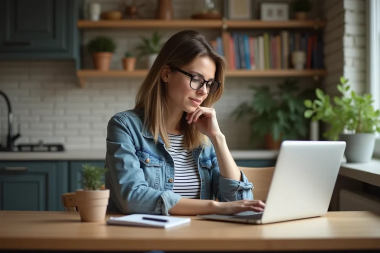 Femme assise à la cuisine avec son ordinateur et un carnet