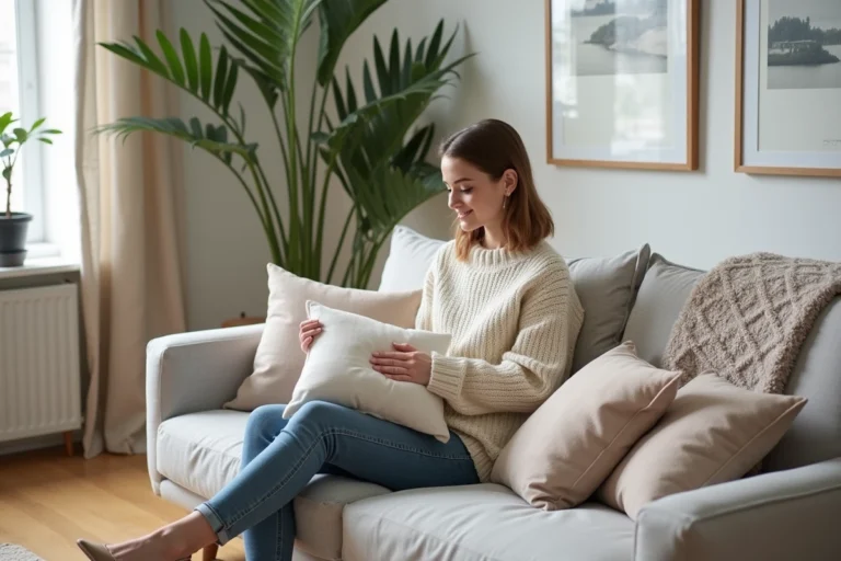 Femme assise dans un salon scandinave cosy et moderne