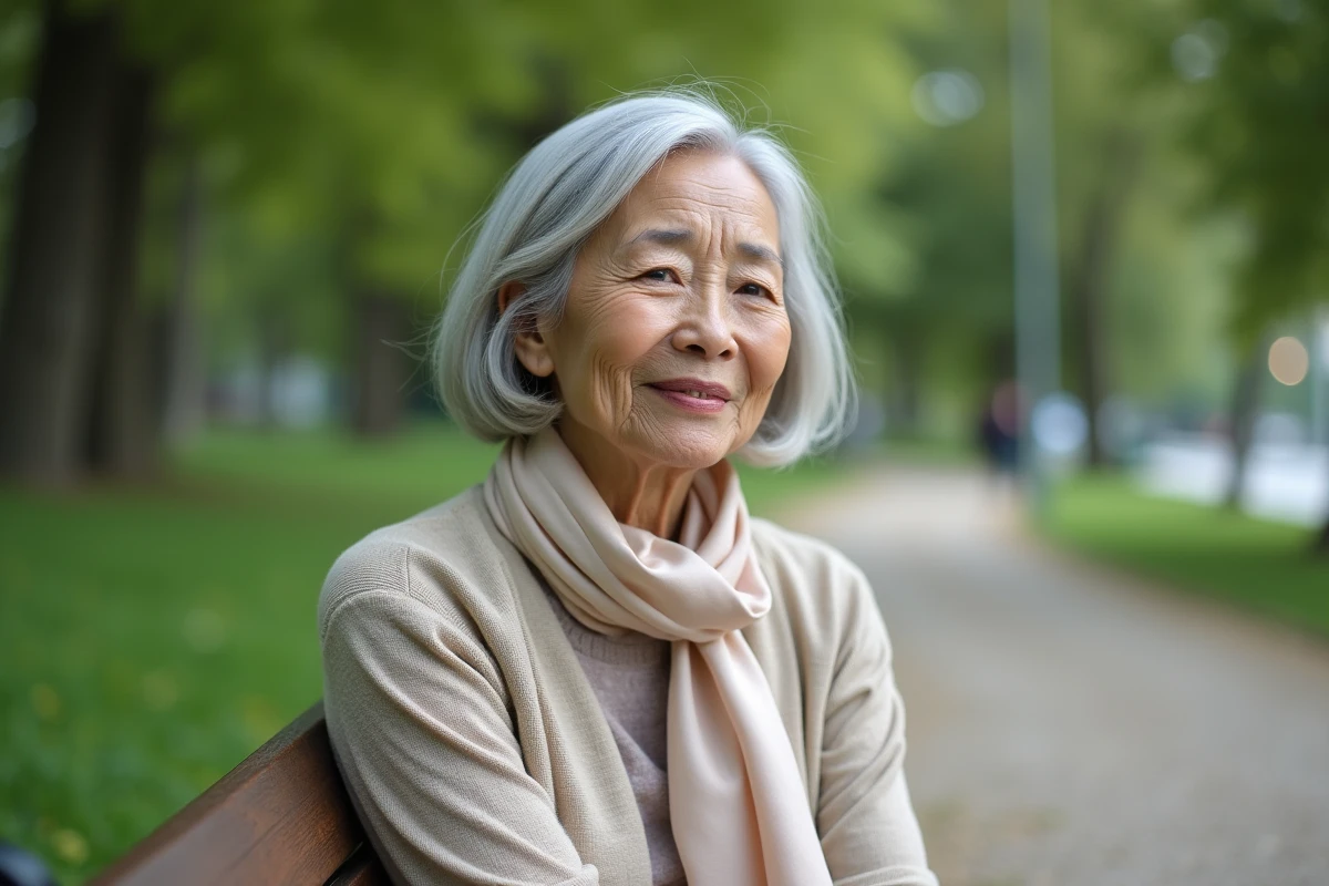 Femme âgée assise sur un banc dans un parc avec un foulard en soie