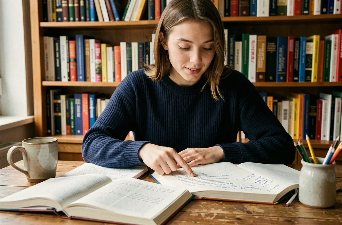 Jeune femme expliquant l'impératif français avec des livres de grammaire ouverts sur un bureau en bois