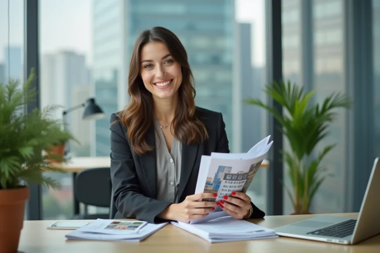 Femme souriante en blazer tenant brochures immobiliers