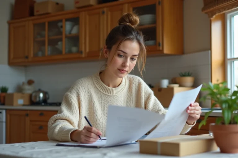 Femme en train de consulter des brochures de déménagement à la maison