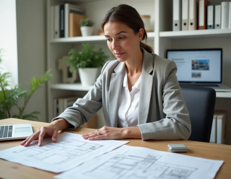 Femme consultant des plans de permis de construire dans un bureau à domicile organisé