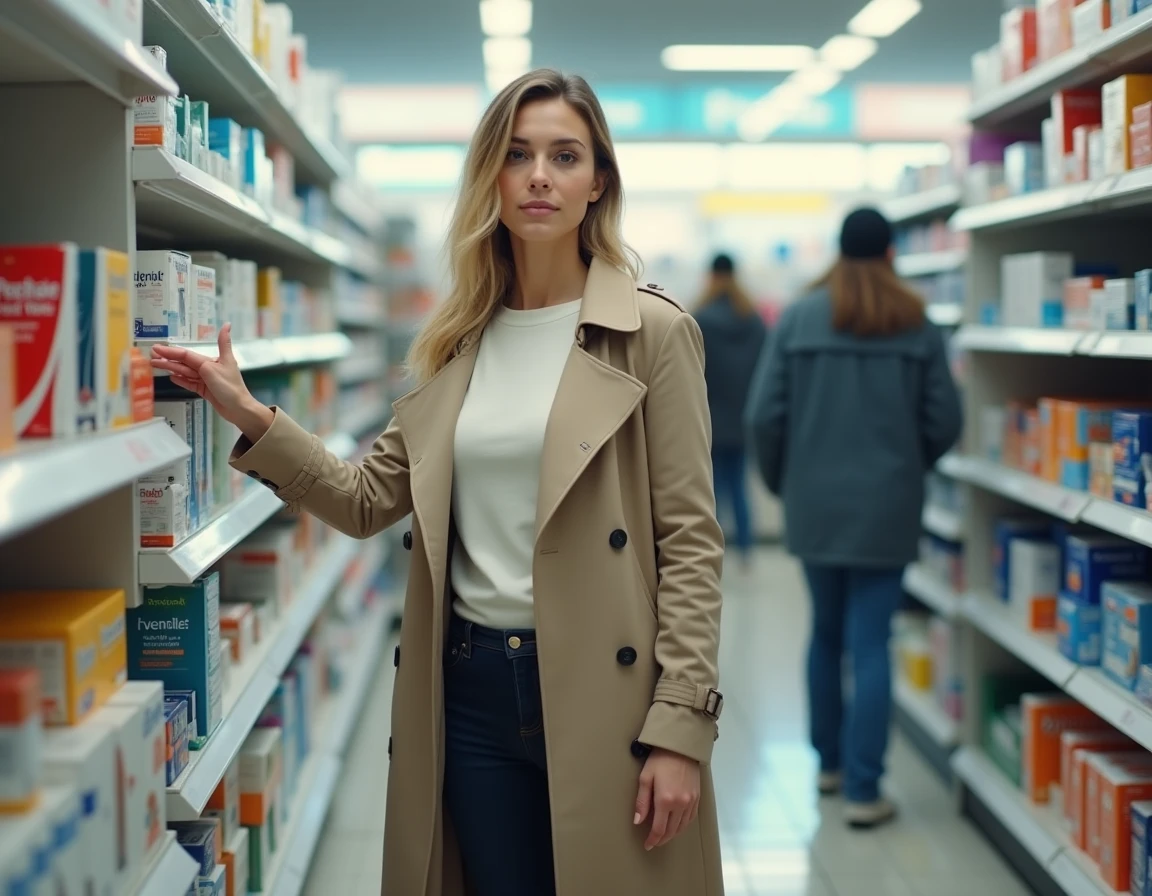 Femme choisissant un test de grossesse en pharmacie après une interruption volontaire de grossesse