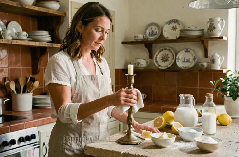 Femme polissant un chandelier en laiton avec un chiffon doux dans une cuisine française authentique, entourée d'ingrédients naturels pour nettoyer le laiton
