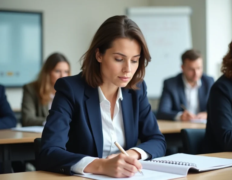 Femme adulte en reconversion professionnelle prenant des notes dans une salle de formation à Thouars