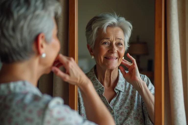 Femme âgée se coiffant devant un miroir dans une chambre chaleureuse