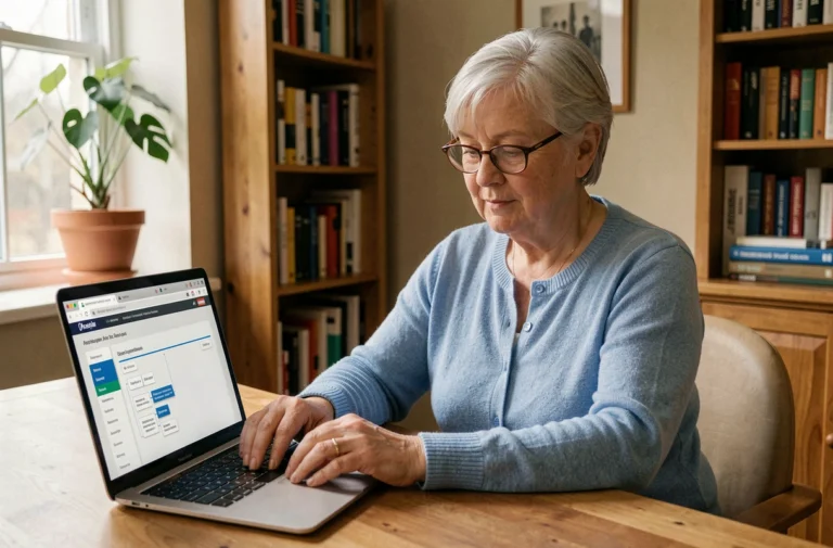 Femme senior naviguant sur le plan du site Le Cercle des Seniors depuis son bureau à domicile