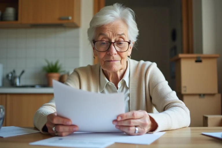 Femme senior examinant des papiers de déménagement dans sa cuisine