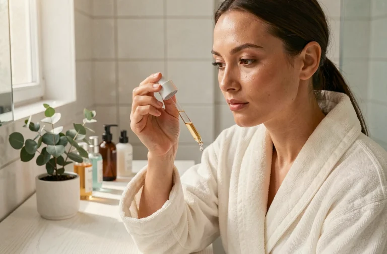 Femme appliquant un sérum sur son visage dans une salle de bain minimaliste, routine beauté quotidienne